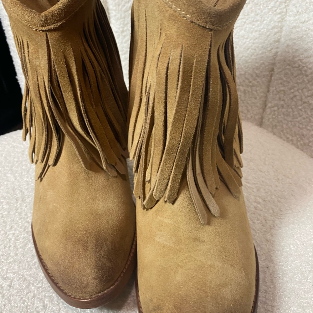 Frye Tan Suede Fringe Heeled Boots - Picture 3 of 3